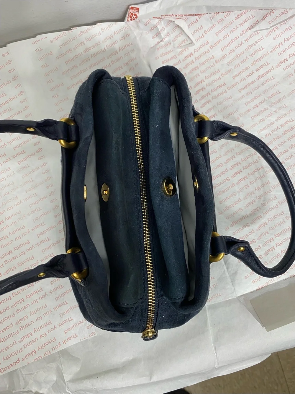 Cole Haan Suede and Leather Exterior Satchel Handbag with Gold Hardware. New